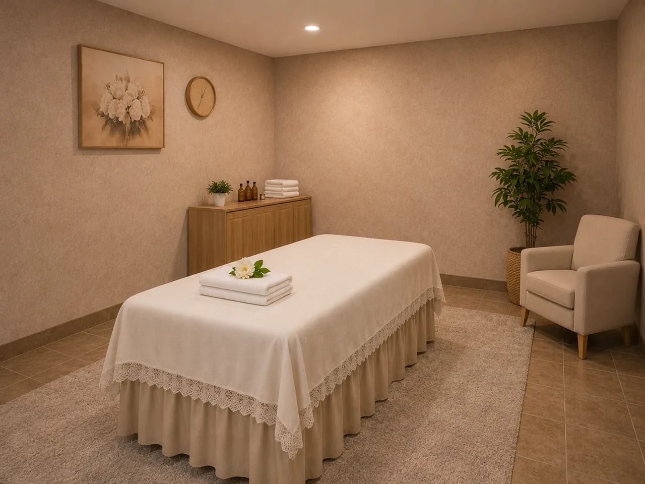 Private massage room with fresh towels at Charming Spa in Moreno Valley, CA