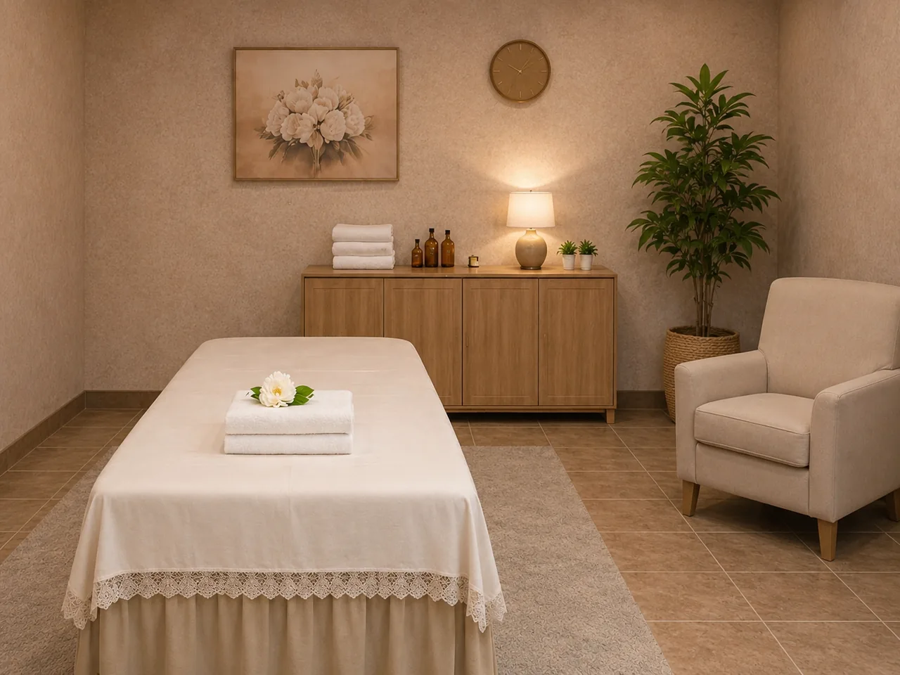 Clean massage room with fresh towels and warm lighting at Charming Spa in Moreno Valley, CA