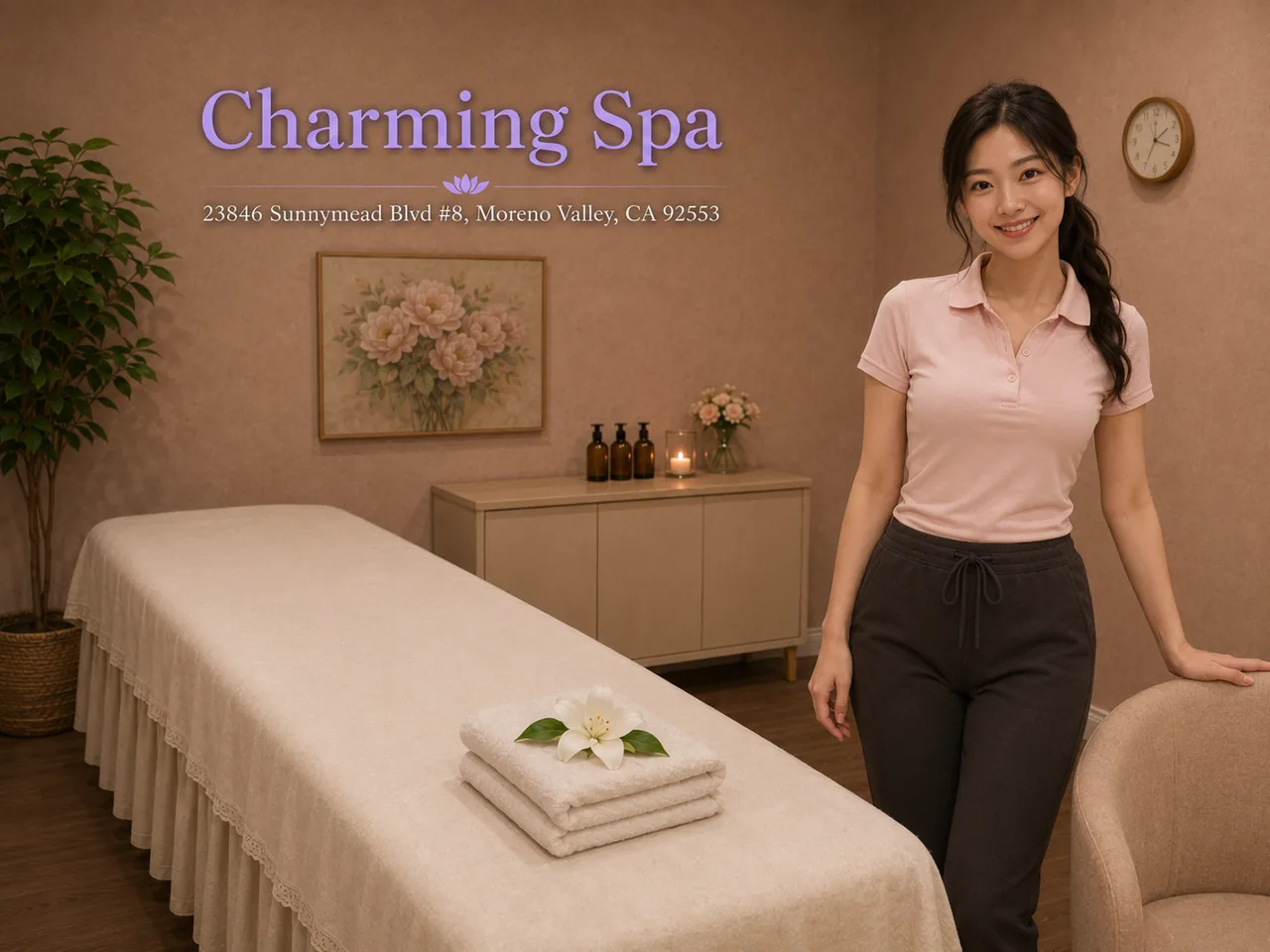 Friendly staff in a clean, private room for Deep Tissue Massage at Charming Spa in Moreno Valley, CA