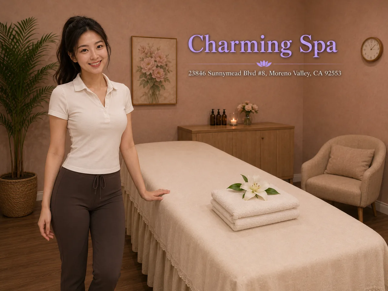Friendly staff in a clean, private room at Charming Spa near Canyon Crest, CA