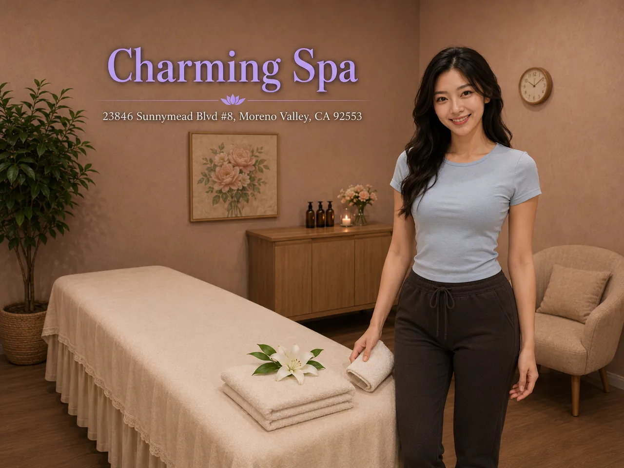 Friendly staff member welcoming guests at Charming Spa in Moreno Valley, CA