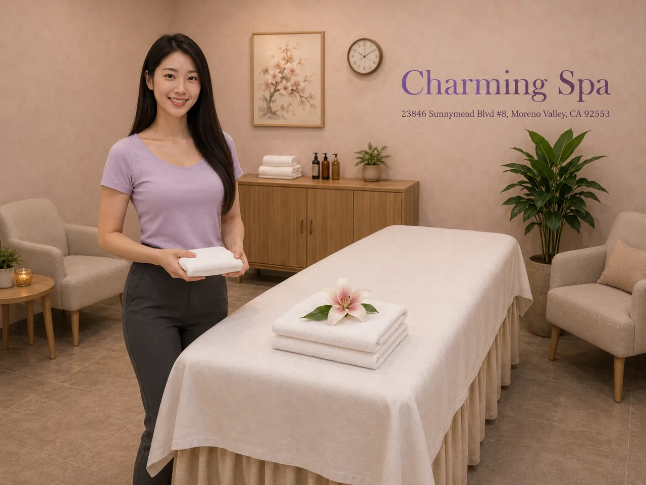Friendly staff member in a clean massage room at Charming Spa in Moreno Valley, CA