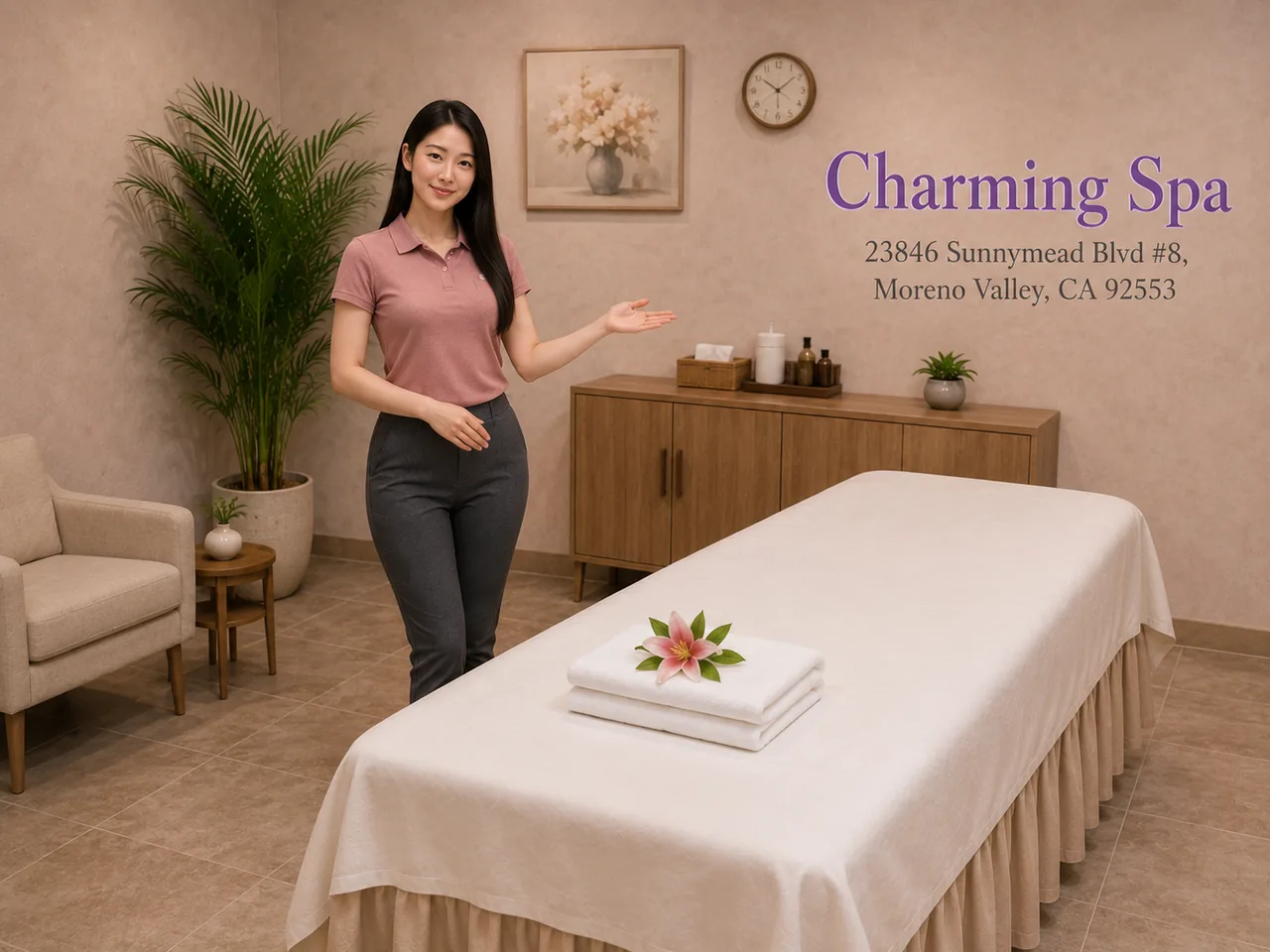 Staff member in a clean massage room at Charming Spa in Moreno Valley, CA