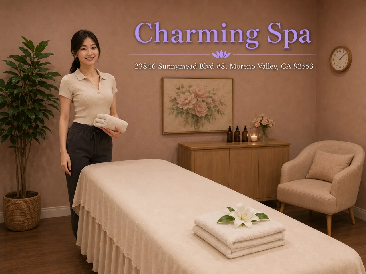 Friendly staff in a clean, private room for Aromatherapy Massage at Charming Spa in Moreno Valley, CA