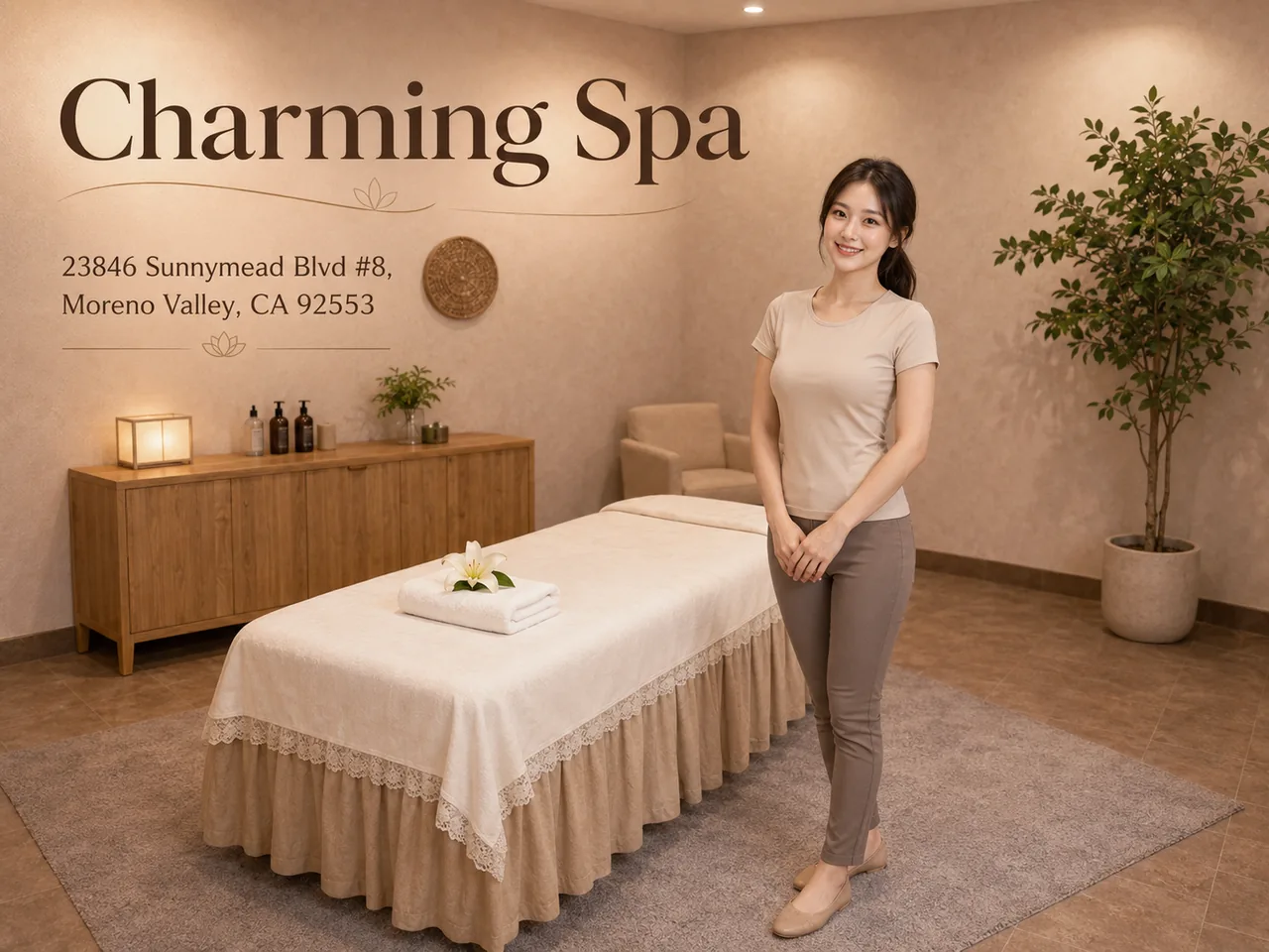 Friendly staff member in a clean massage room at Charming Spa in Moreno Valley, CA