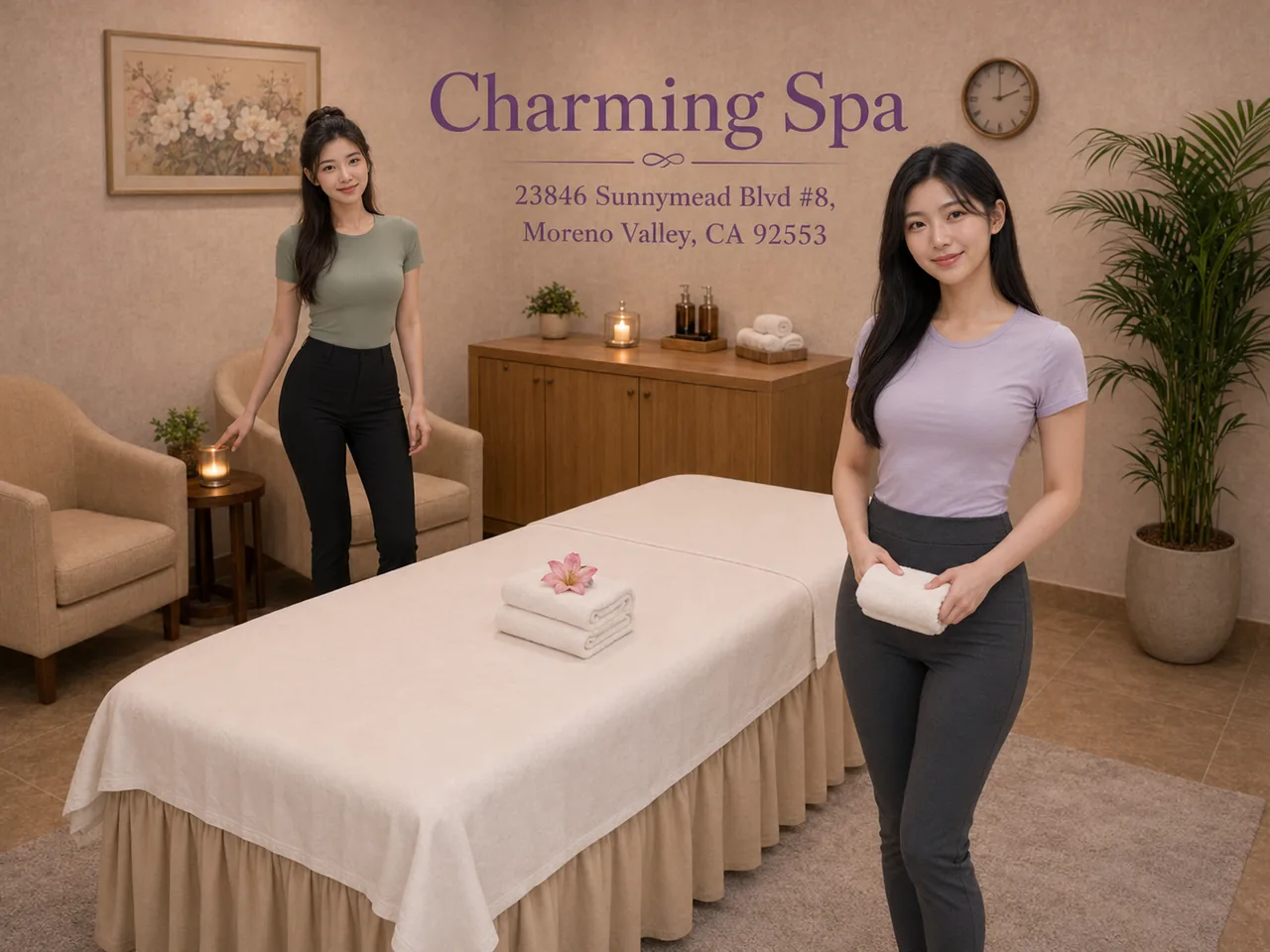 Two friendly staff members in a clean, welcoming massage room at Charming Spa in Moreno Valley, CA