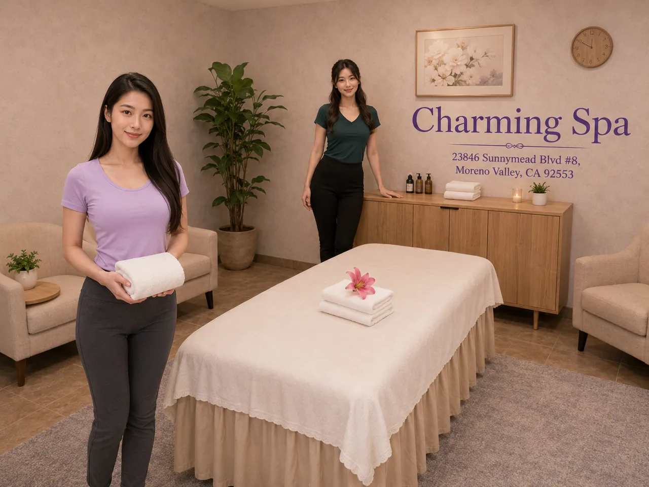 Two friendly staff members at Charming Spa in Moreno Valley, CA