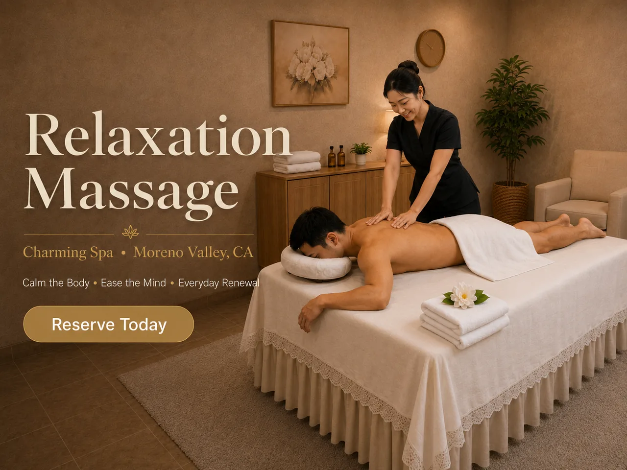 Relaxation massage for a first-time guest at Charming Spa in Moreno Valley, CA